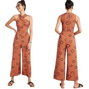 NWT Eva Franco Anthropologie Faith Jumpsuit Women's 2 Brown Wide Leg Halter Chic